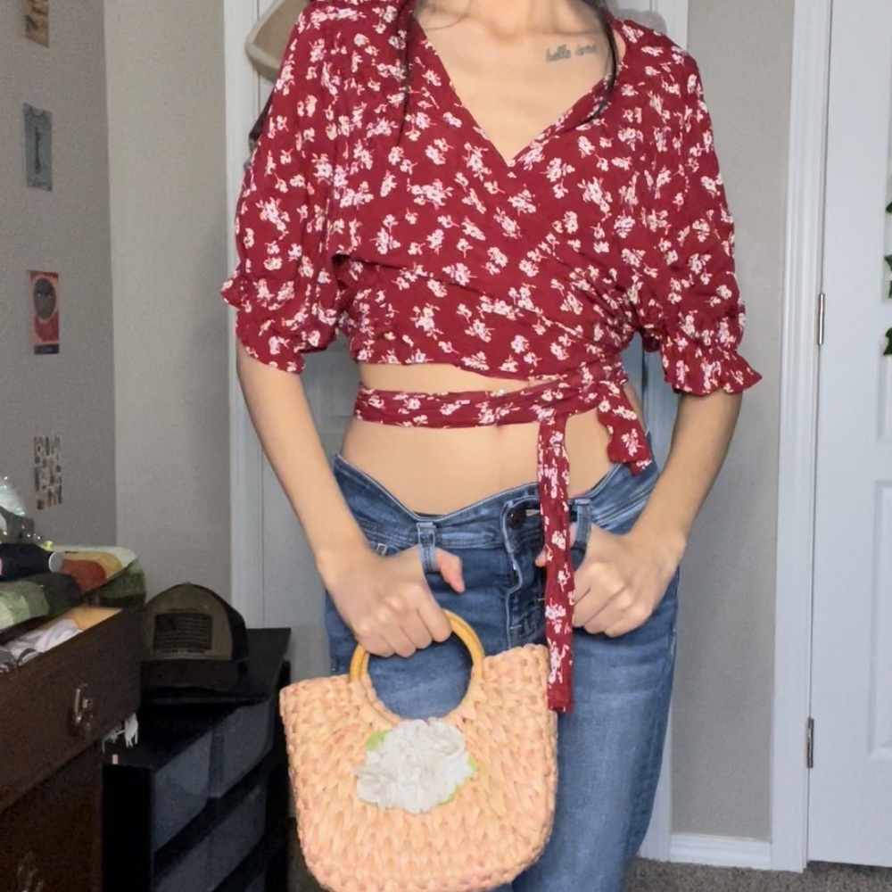Floral cross wrap top
